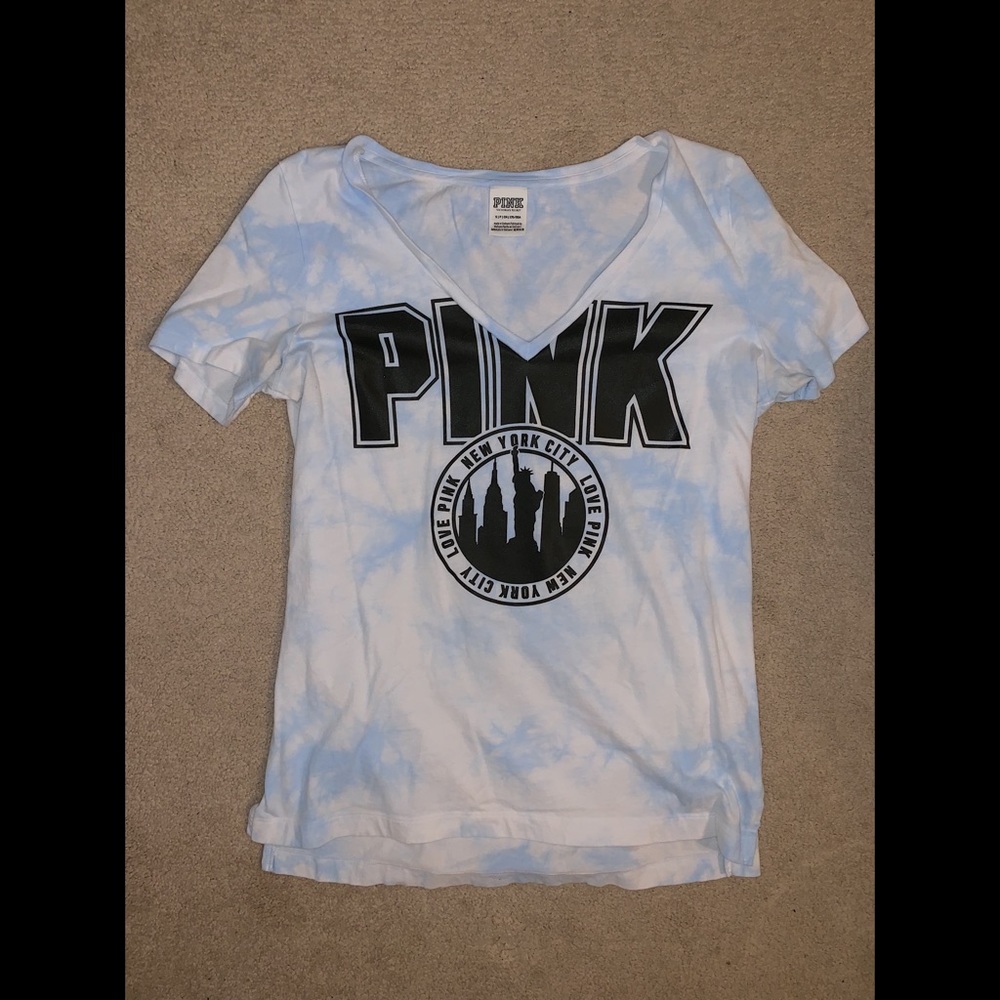 Light blue and white tye-dye “pink” T-shirt